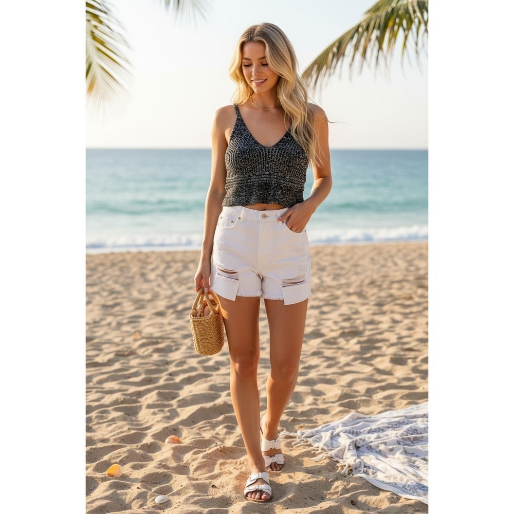 Paris Indie Space Dye Knit Crop Tank Grey Black Marled Ribbed V-Neck Boho